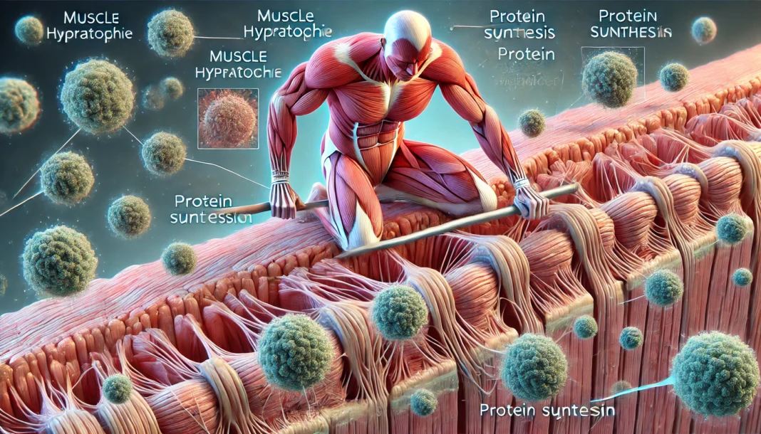 A detailed illustration showing muscle fibers breaking down and rebuilding through protein synthesis.