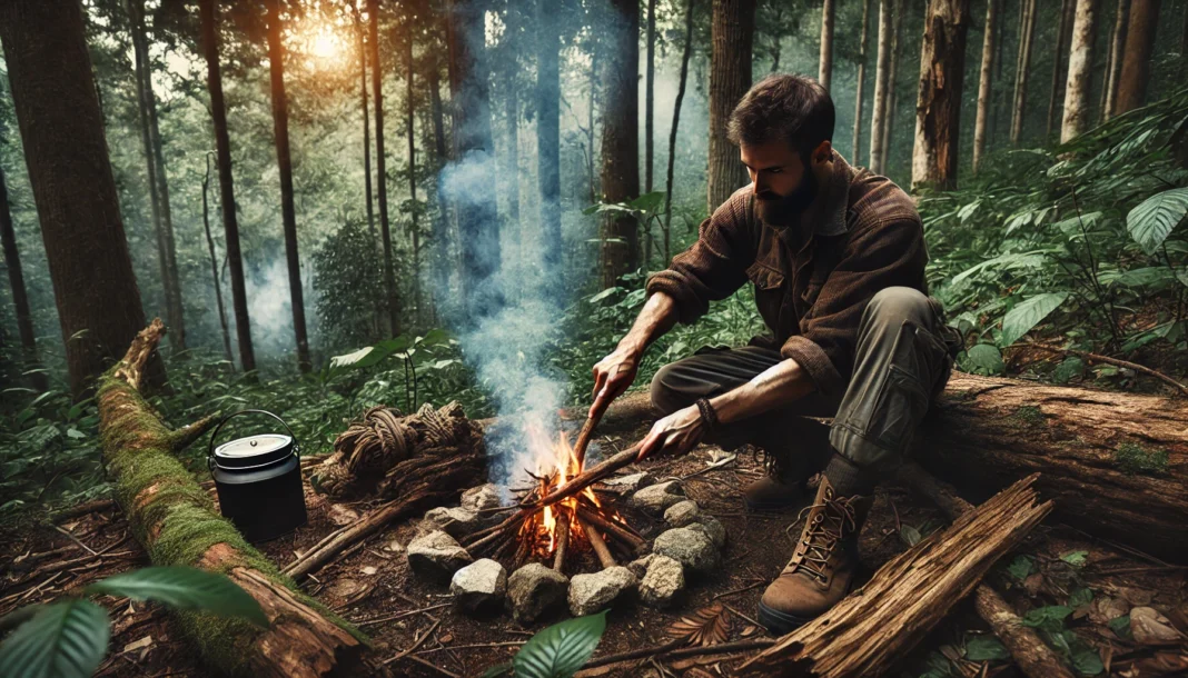 A rugged outdoorsman starting a fire in the wilderness using only natural materials, surrounded by a dense forest. The scene highlights self-sufficiency, resilience, and essential survival techniques.