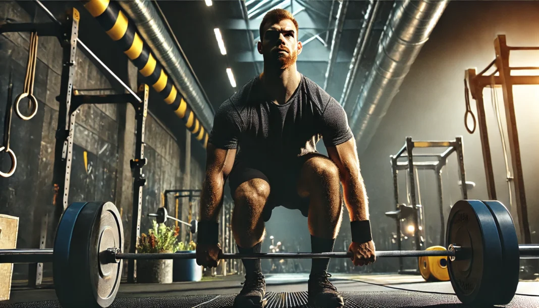 A muscular man performing an intense deadlift in a modern gym with dramatic lighting, highlighting his well-defined physique and strength.