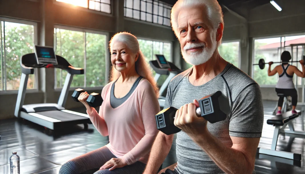 An elderly man and woman exercising in a modern gym, lifting dumbbells with a confident and strong posture. The bright and clean gym setting highlights senior fitness and vitality.