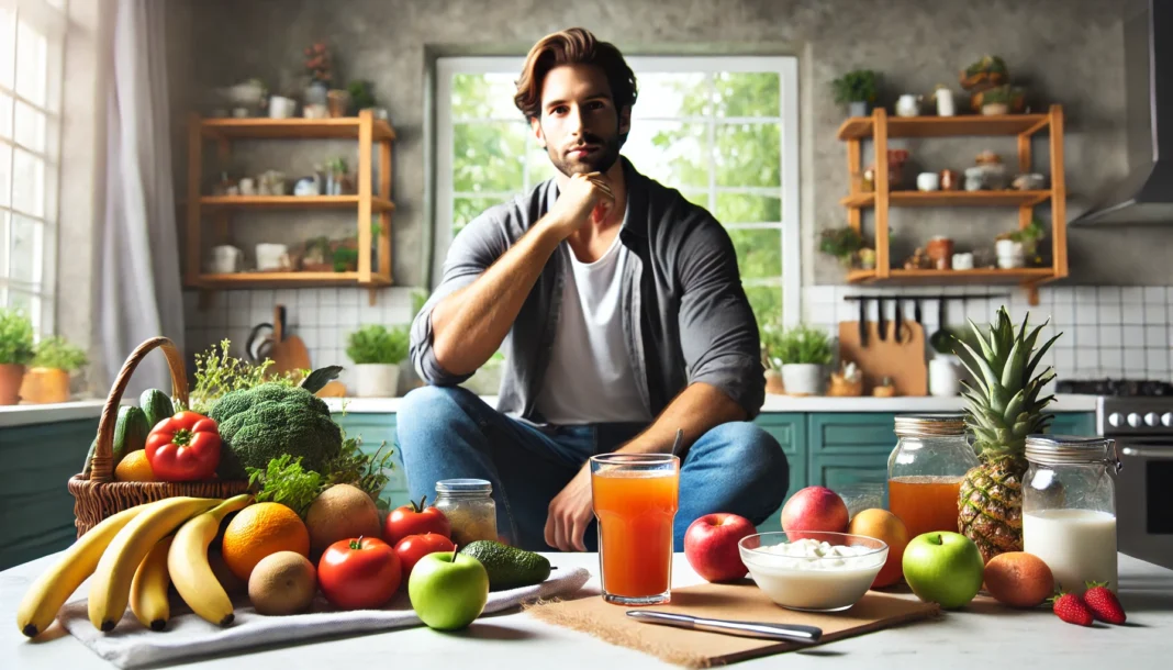 A man in a relaxed setting with a glass of probiotic drink, surrounded by fruits, vegetables, and yogurt, promoting a healthy lifestyle.