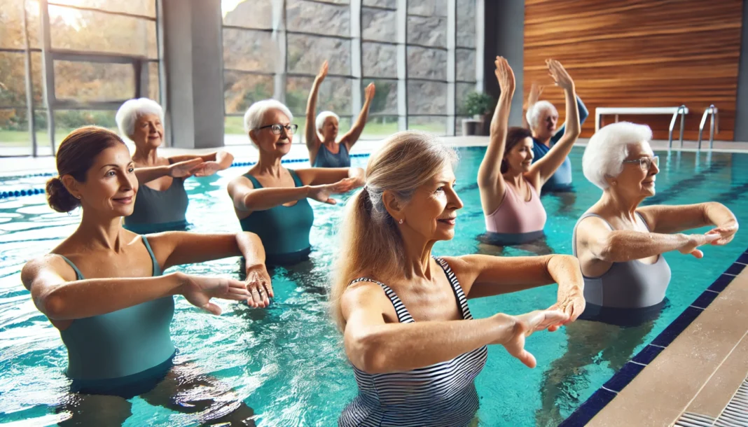 A group of mature women participating in a water aerobics class in an indoor swimming pool. The image highlights the benefits of low-impact aquatic exercise for joint health and overall menopause fitness.