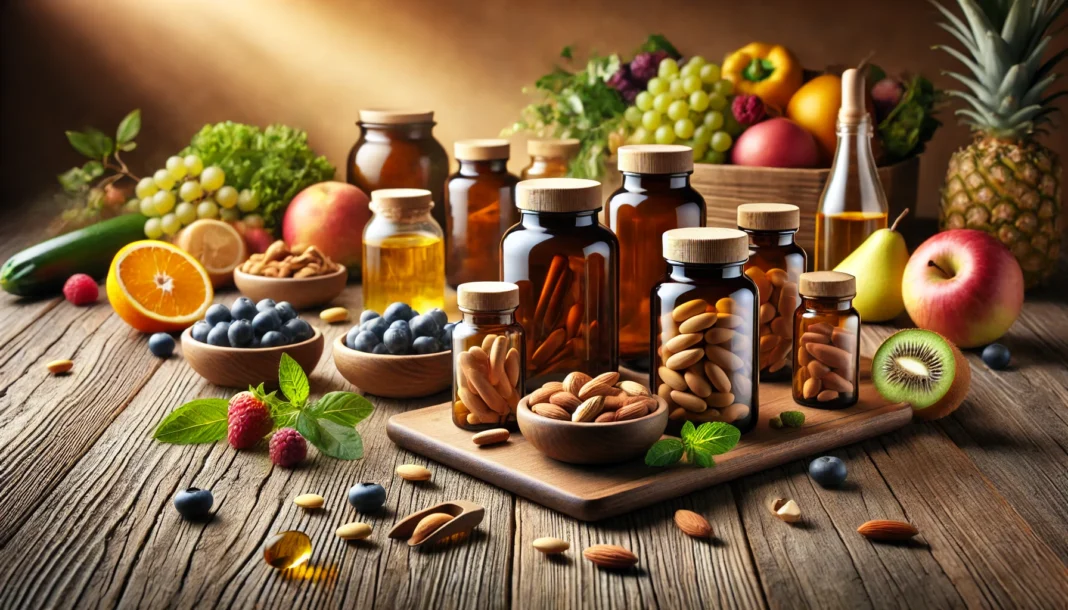 A collection of high-quality multivitamin supplements in glass bottles, surrounded by fresh fruits, vegetables, and nuts on a wooden surface, symbolizing natural health benefits for senior men.