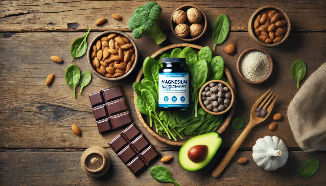 A visually appealing flat lay of magnesium-rich foods, including almonds, spinach, avocado, and dark chocolate, alongside a bottle of magnesium supplements on a rustic wooden background. Ideal for health and wellness themes.