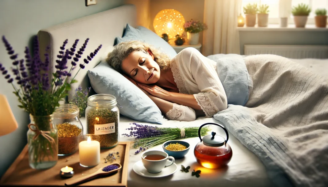 A tranquil bedroom scene featuring a middle-aged woman sleeping peacefully, with elements like lavender, chamomile tea, and soft lighting symbolizing the role of natural hormone balance and relaxation in menopause management.