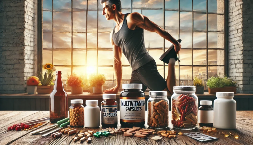 A well-organized selection of multivitamins and supplements on a wooden countertop, with a fit middle-aged man stretching by a bright window in the background, representing energy and vitality.