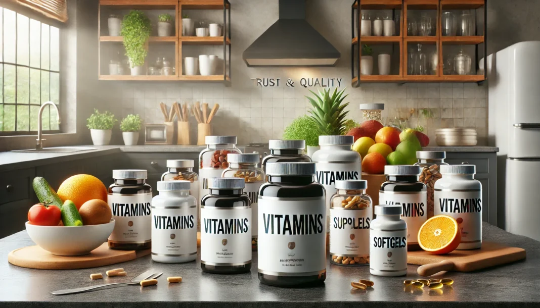 A modern kitchen counter displaying a variety of high-quality vitamin bottles and supplements, neatly arranged alongside fresh fruits and vegetables, symbolizing nutrition and health-conscious choices.