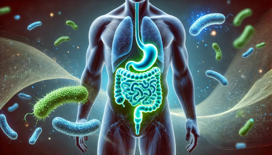 A 3D-rendered illustration of a glowing digestive system surrounded by beneficial bacteria, symbolizing a healthy gut microbiome in men. The background features abstract waves and a vibrant blue aura representing gut health and wellness.