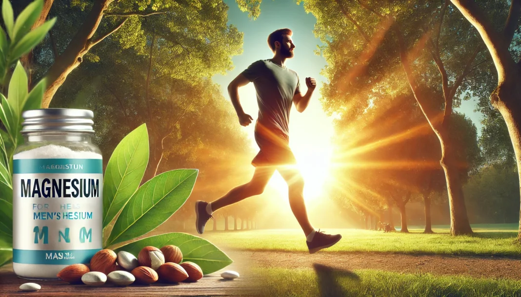 A fit and healthy man jogging in a park at sunrise, representing the benefits of magnesium for men's health. The golden morning light highlights his vitality, while the lush green environment symbolizes natural dietary sources of magnesium.