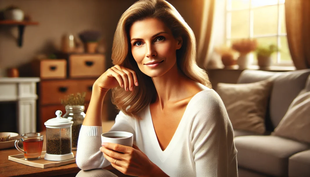 A relaxed middle-aged woman with glowing skin, sipping herbal tea in a cozy home setting, representing the benefits of balanced progesterone levels after menopause.