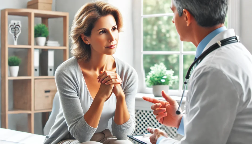 A healthcare professional attentively consulting a middle-aged woman in a modern medical office. The discussion represents patient-centered care, exploring treatment options for menopause symptoms and SSRIs.