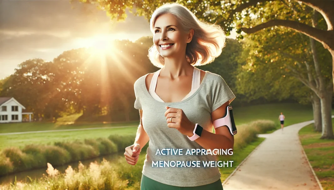 A middle-aged woman jogging outdoors in a scenic park with lush greenery, dressed in athletic wear, radiating determination and energy as part of a healthy, active lifestyle.