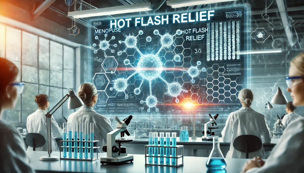 A high-tech scientific laboratory where researchers analyze menopause treatments, with a digital display showcasing molecular structures related to hot flash relief, emphasizing medical innovation and progress.