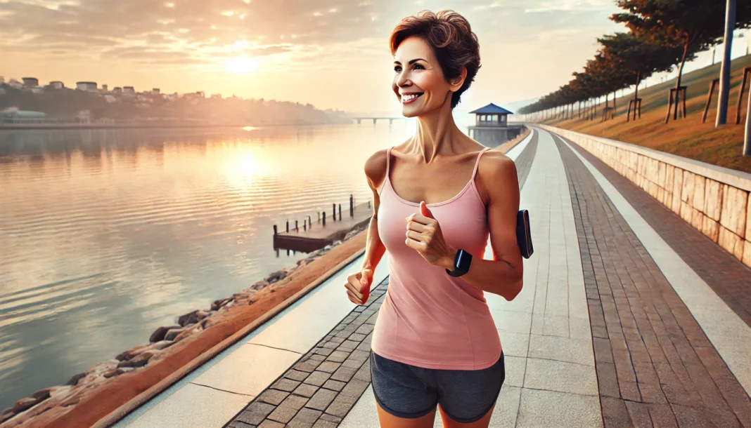 A middle-aged woman jogging along a waterfront path at sunrise, showcasing the impact of cardiovascular exercise on fat burning and overall metabolic health during menopause.