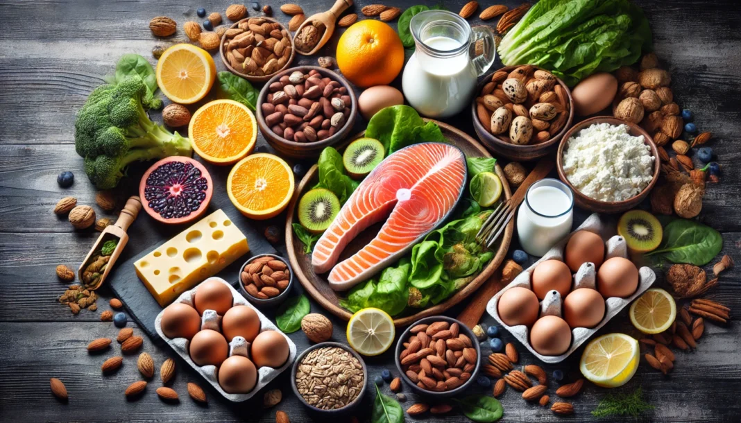 A variety of nutrient-rich foods, including salmon, eggs, leafy greens, nuts, citrus fruits, and dairy, displayed on a dark wooden table. These natural sources of essential vitamins for men's health emphasize daily nutrition for strength and vitality.