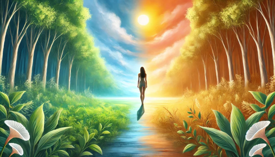 A serene digital painting of a woman standing at a forked path, one side lush and vibrant, the other calm and golden, representing the transition from reproductive years to menopause. The sky blends soft blues and warm oranges, symbolizing hormonal shifts and the journey of transformation.