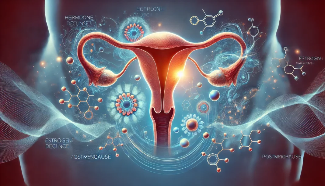 A symbolic medical illustration showing estrogen decline and its effects on the reproductive system, visually representing hormonal changes during menopause.