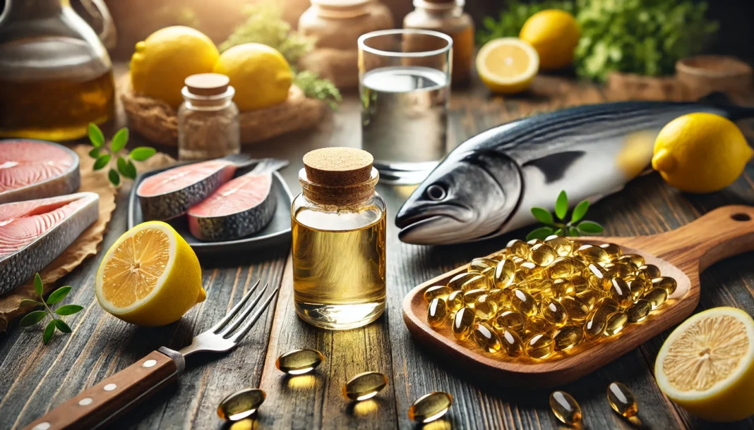 A bottle of cod liver oil capsules on a wooden kitchen counter, surrounded by fresh fish, lemons, and a glass of water. The soft, natural lighting highlights the purity and health benefits of cod liver oil.