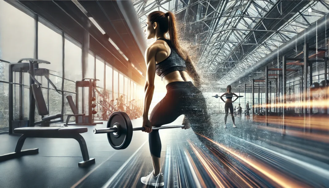 A fit and athletic woman lifting weights in a modern gym, highlighting strength and muscle power. The well-lit environment emphasizes her toned physique and determination, showcasing the benefits of creatine for women's fitness.