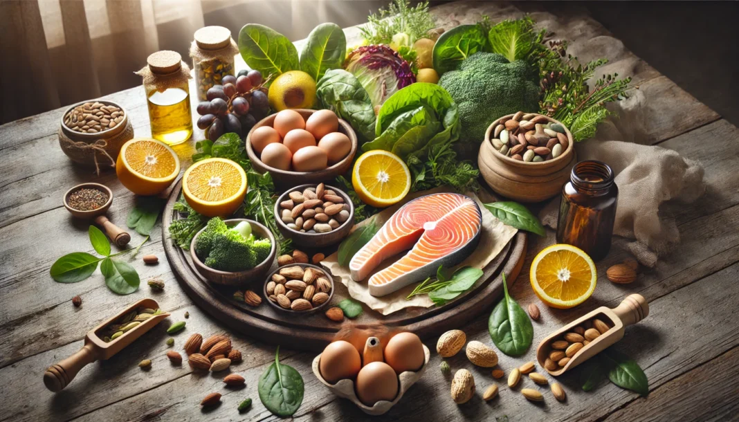 A visually rich composition of natural supplement sources, featuring salmon, eggs, leafy greens, nuts, and citrus fruits on a rustic wooden table, symbolizing essential vitamins for men in their late 30s.