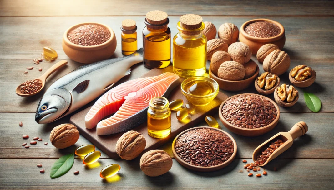 A visually appealing arrangement of omega-3 supplement sources, including fish oil capsules, flaxseeds, walnuts, and fresh salmon, displayed on a wooden surface with soft natural lighting.