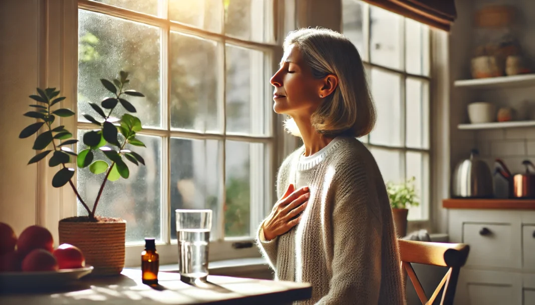 A middle-aged woman stands near a window, taking deep breaths with a slightly pained expression, indicating nausea. Sunlight streams through the glass, illuminating a peaceful home setting. A glass of water and a small bottle of essential oils sit on a nearby table, symbolizing natural nausea relief. The atmosphere conveys a sense of self-care and seeking comfort.