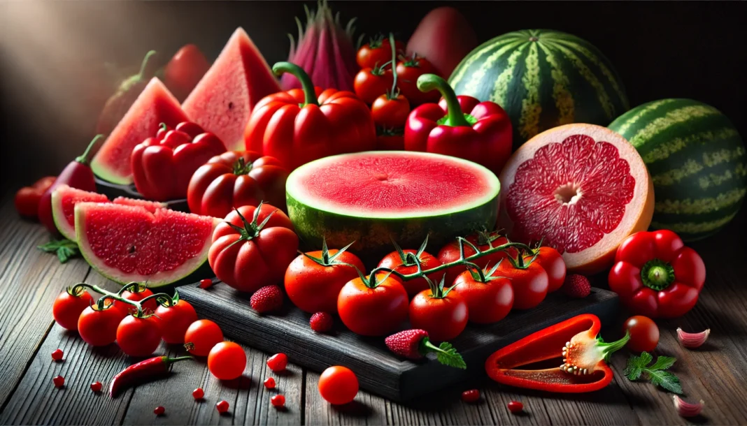 A vibrant display of fresh lycopene-rich foods, including tomatoes, watermelon, pink grapefruit, and red bell peppers, arranged on a dark wooden surface with soft natural lighting, emphasizing their antioxidant properties.