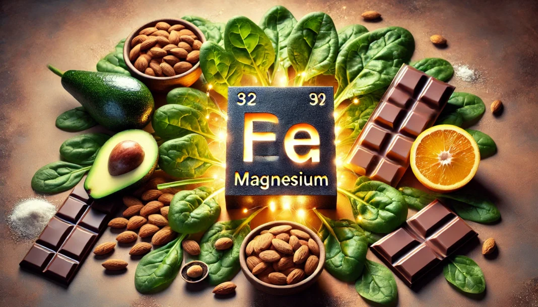 A dynamic health-themed composition featuring magnesium-rich foods such as spinach, almonds, avocados, and dark chocolate, arranged around a glowing magnesium element symbol, symbolizing nutrition and vitality.