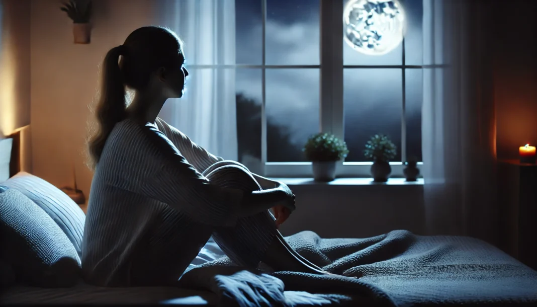 A woman sits on her bed at night, gazing out of the window with a pensive expression, symbolizing sleep disturbances and hormonal changes after stopping birth control. The soft moonlight casts a gentle glow, creating a calm yet reflective mood.