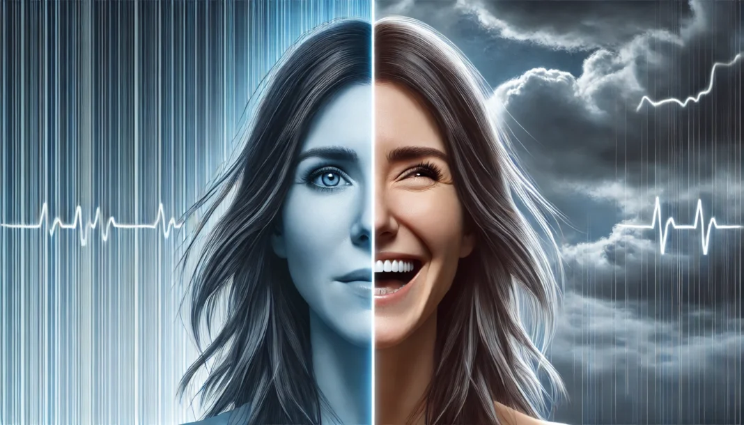 A dual-expression image depicting emotional fluctuations with a shifting background.