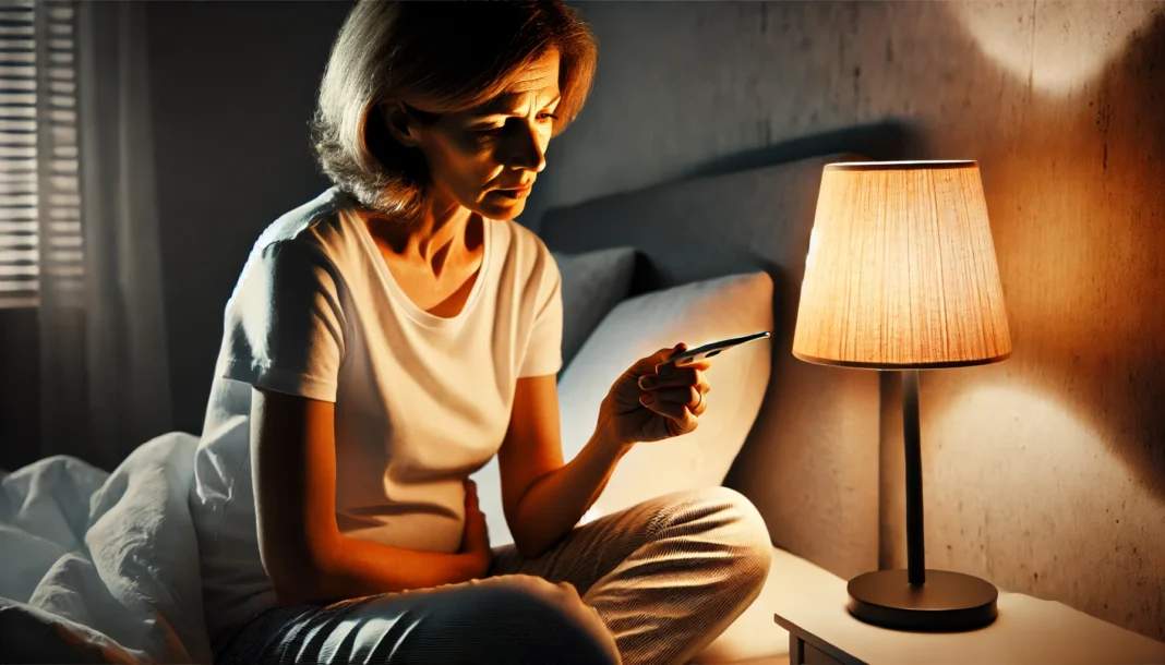 A middle-aged woman sits on her bed at night, holding a thermometer and examining it with a concerned expression. A bedside lamp casts a warm glow, emphasizing her contemplation about health, temperature fluctuations, and menopause symptoms.