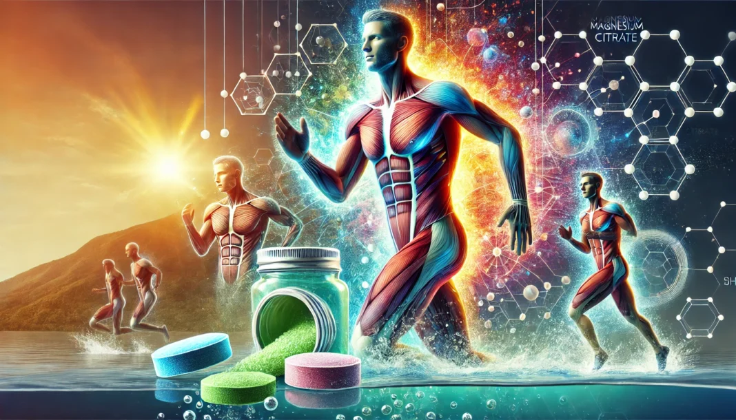 A fit and energetic man jogging in nature, symbolizing the vitality and endurance benefits of magnesium citrate. Effervescent magnesium citrate tablets dissolve in water in the foreground.