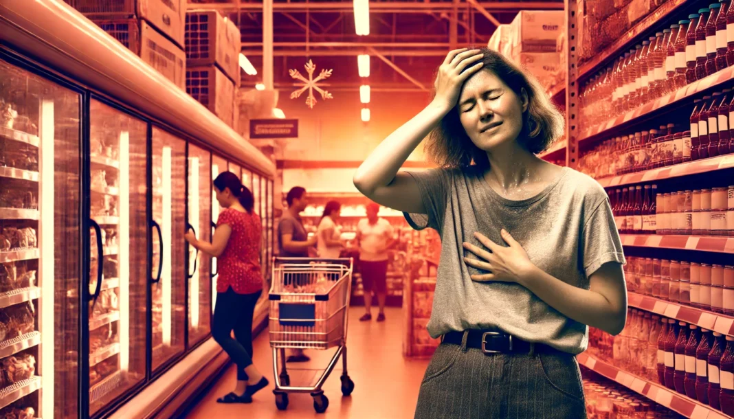 A woman in a grocery store suddenly experiencing a hot flash. She is sweating and using her hand to fan herself while standing near refrigerated shelves. Other shoppers in the background continue their activities. The environment has a warm, reddish tint symbolizing heat and discomfort.