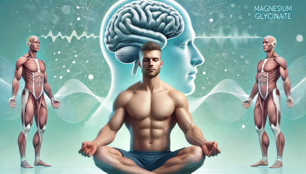 A wellness-focused digital illustration of a fit man meditating with a calm expression, symbolizing stress relief and cognitive benefits from magnesium glycinate. The background features abstract representations of brain waves and muscle fibers in soothing blue and green tones.