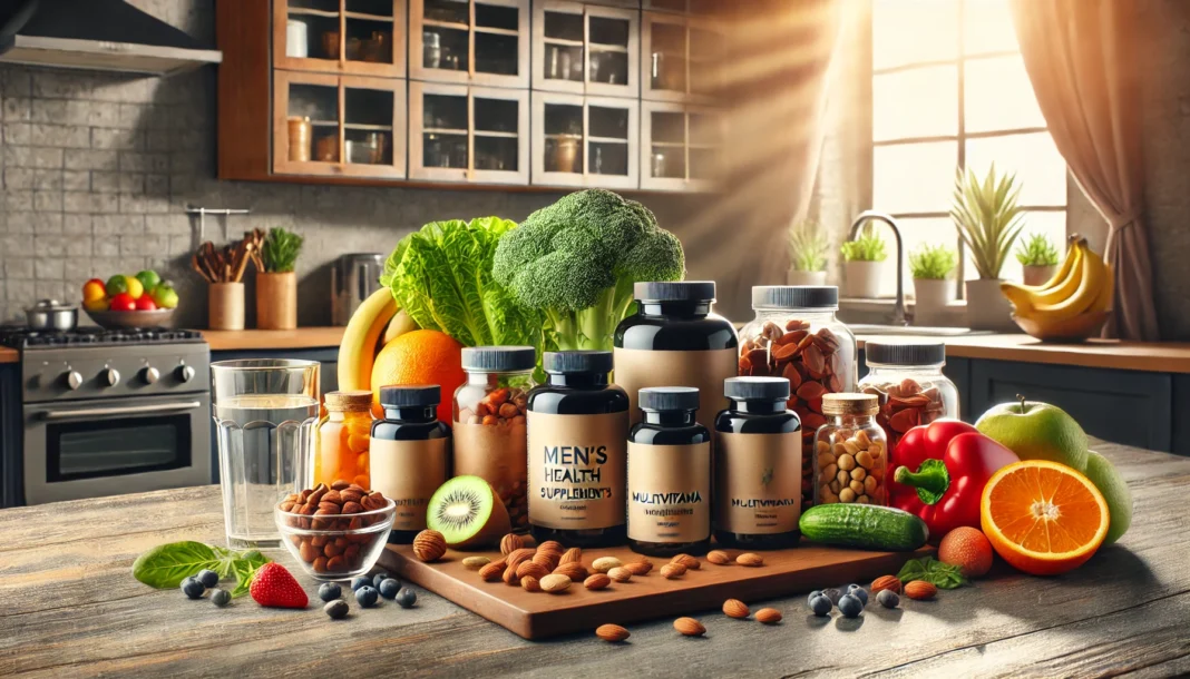 A modern kitchen counter with a variety of men's health supplements and multivitamin bottles surrounded by fresh fruits, vegetables, and nuts, emphasizing natural nutrition and wellness.