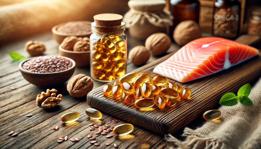 A high-quality image of omega-3 softgel capsules scattered on a wooden surface, accompanied by fresh salmon, walnuts, and flaxseeds, representing natural sources of omega-3 for men's health.