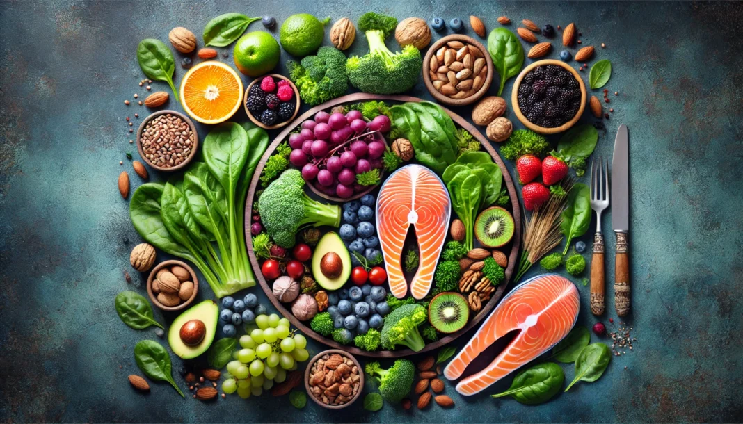 A visually striking image of fresh, nutrient-rich foods, including leafy greens, salmon, nuts, berries, and whole grains, emphasizing natural sources of essential vitamins and minerals for men over 50.