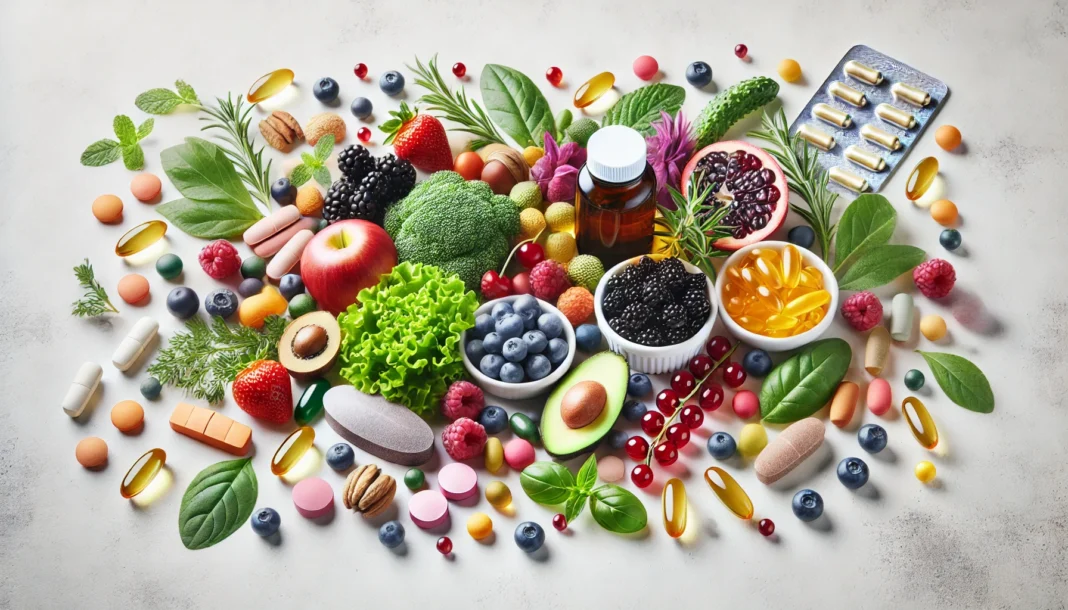 A vibrant display of natural supplements and vitamins, including colorful capsules, soft gels, and tablets, arranged alongside fresh ingredients like berries, nuts, leafy greens, and fish oil capsules, symbolizing optimal health and vitality for women over 40.