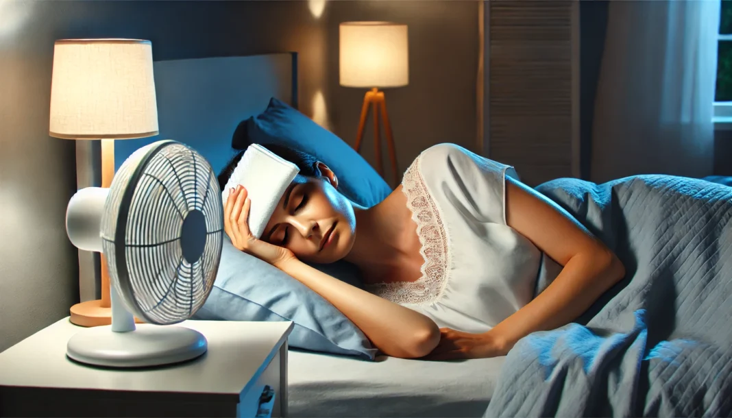 A peaceful nighttime scene of a woman lying in bed with a cool cloth on her forehead, a bedside fan gently blowing, illustrating relief from nighttime hot flashes.