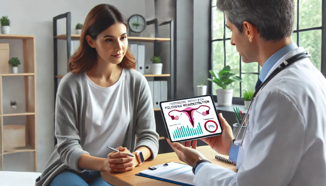 A mother consulting a doctor in a clinic, with the doctor holding a tablet displaying a menstrual tracking chart.