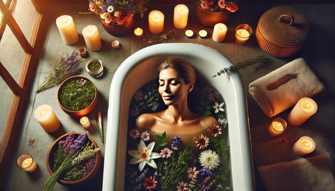 A serene spa setting where a middle-aged woman relaxes in a herbal bath with floating flowers and candles, symbolizing self-care and relaxation for perimenopause symptom relief.