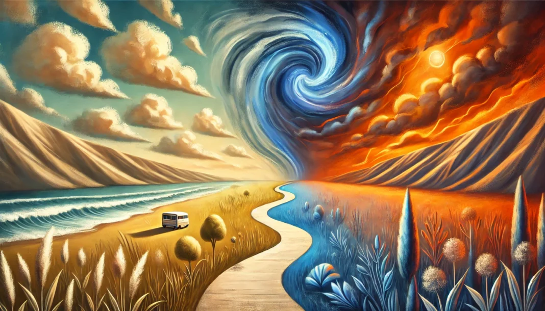 A surreal landscape depicting hormonal fluctuations during perimenopause. A winding path moves through bright, serene areas and dark, stormy regions, symbolizing emotional highs and lows. The sky transitions between warm and cool tones, capturing mood shifts.