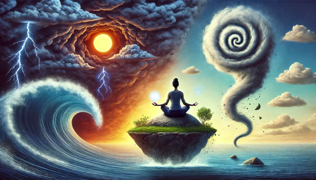 A surreal illustration depicting coping strategies for perimenopause mood swings. A woman meditates on a floating rock in a stormy ocean, holding a glowing orb of inner peace in one hand while a whirlwind of stress dissipates from the other. The background transitions from storm clouds to a tranquil sky.