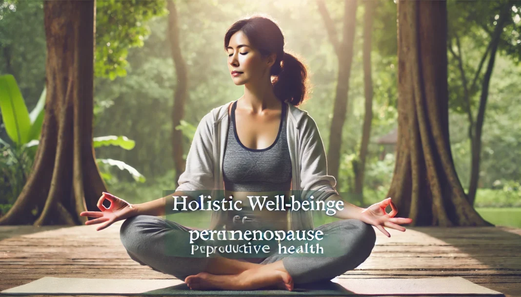 A woman in her late 40s practices yoga in a peaceful outdoor setting surrounded by nature. She appears calm and balanced, symbolizing self-care and holistic well-being during perimenopause. The serene atmosphere emphasizes the role of lifestyle choices in reproductive health.