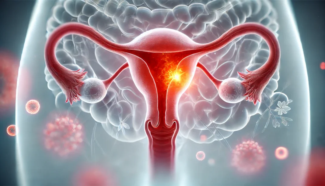 A medical illustration of the female reproductive system, focusing on an inflamed ovary. The ovary is highlighted with a reddish glow to signify pain and discomfort. The uterus and fallopian tubes are softly blended into the background, creating a clinical and informative appearance.