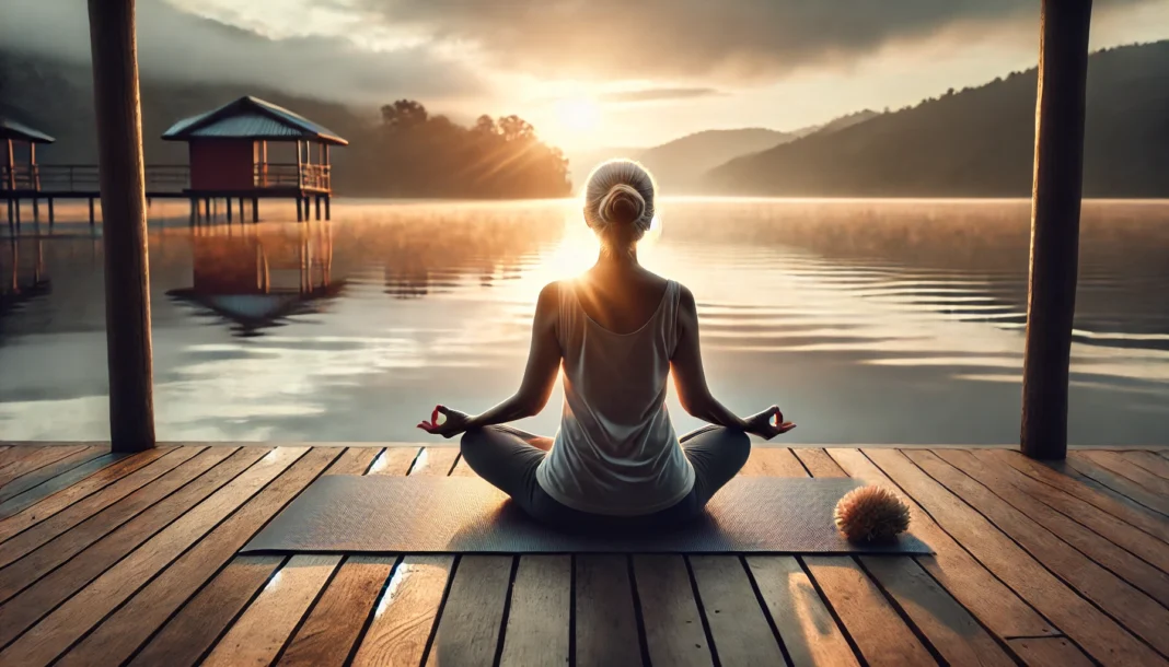 A serene yoga session at sunrise with a woman over 50 practicing mindfulness on a wooden deck overlooking a calm lake, bathed in soft morning light, representing holistic well-being in a weight loss journey.