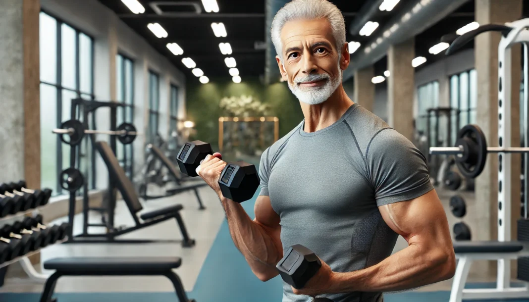 A fit senior man in his 60s lifting dumbbells in a well-lit gym, showcasing strength and vitality. He wears athletic clothing and is surrounded by modern exercise equipment, emphasizing the benefits of resistance training for aging adults.