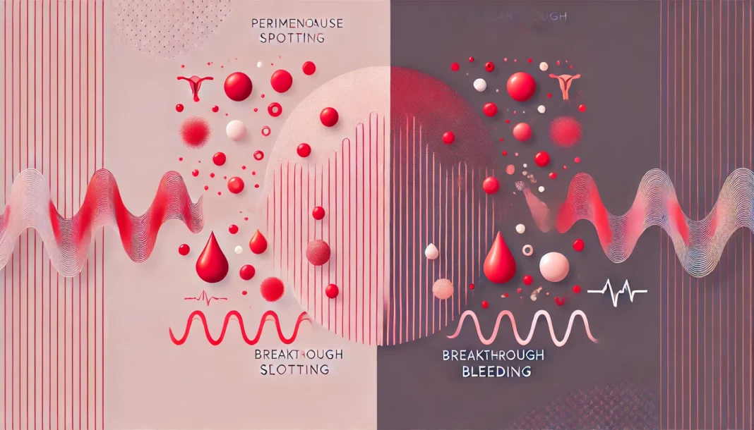 Abstract medical-themed visualization comparing perimenopause spotting and breakthrough bleeding. The left side has a soft pink background with light red droplets, while the right side features a darker background with heavy, irregular red streaks, symbolizing the difference in bleeding patterns.