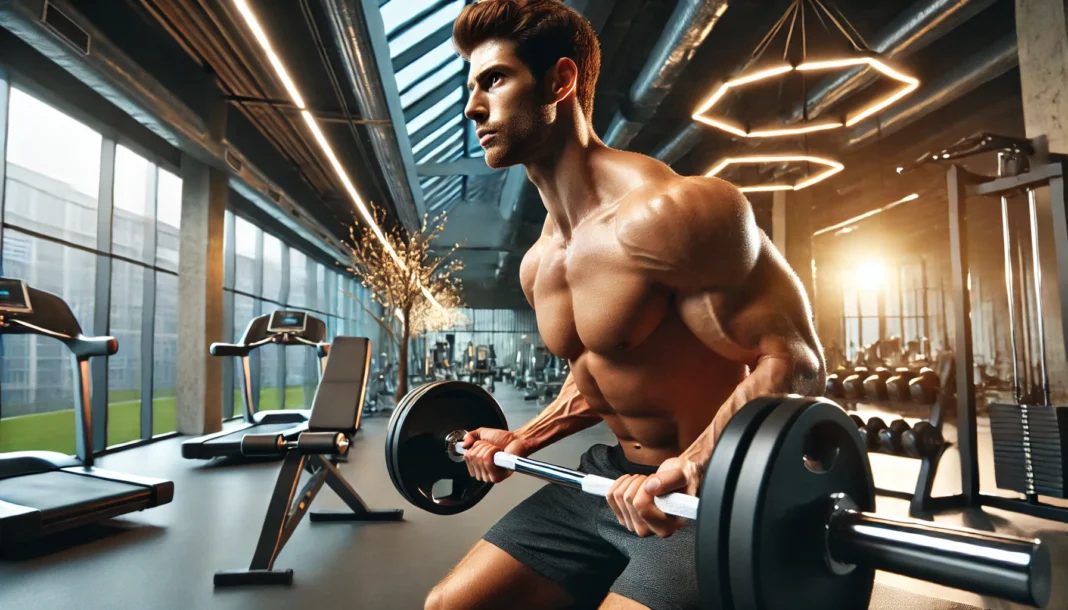 A muscular man lifting heavy weights in a modern gym, emphasizing strength training. The gym is well-lit, featuring advanced workout equipment, and the man has a focused expression, showcasing visible muscle definition and intensity.