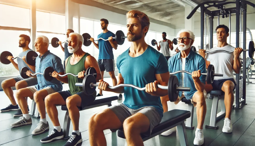 A diverse group of men from different age groups working out in a modern gym, engaging in strength training with weights and resistance machines, symbolizing the concept of lifelong muscle building.